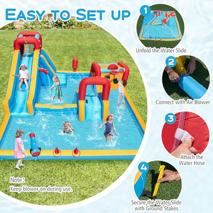 BOUNTECH Inflatable Water Slide Park, 9-in-1 Mega Water Bounce House Bouncy Castle w/2 Large Splash Pools, 735w Blower, Blow up Water Slide Inflatables for Big Kids Aged 3-12 Backyard Party Gifts - style: With 735w Air Blower