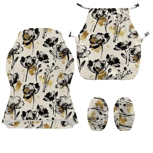 Flower Print Gaming Chair Cover Set of 4 Dust-Proof Stretchy Computer Office Chair Cover with Armrest Covers Home Decorations - color: Brown and Black - Flower