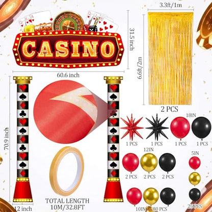Peryiter 120 Pcs Casino Night Party Decorations Set Casino Backdrop Banner Gold Foil Fringe Curtain Balloon Arch Kit, Poker Themed Supplies for Vegas Birthday Party - style: Casino