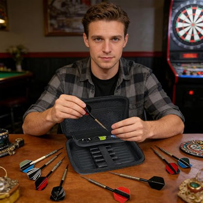 Dart Carrying Case - Hard Shell EVA Storage Box, Holds 6 Steel Or Soft Tip, Dart Holder With Zip Lock Pouches | Darts Wallet Compact Travel Darts Bag, For Tournaments, League, Game Room