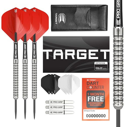 Target Darts Artemis Tungsten Steel Tip Dart Set, 21G/22G/23G/24G/25G/26G | Artemis Original | Artemis K-Flex Integrated Flight & Shaft | Professional Accessories Dart Kit, Dart Wallet Included - size: 26G, style: ARTEMIS ORIGINAL