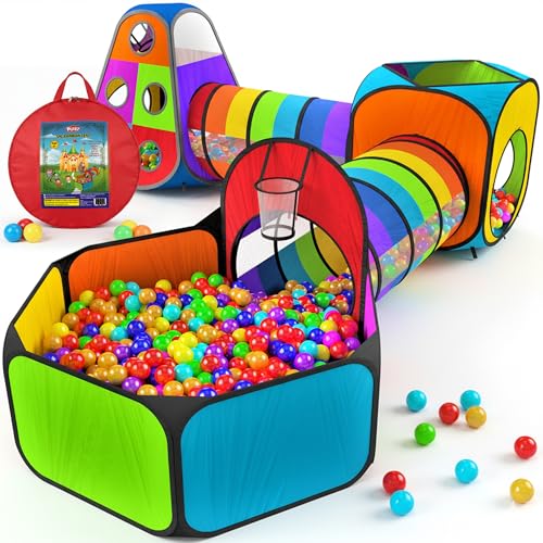 Playz 5pc Kids' Play Tents & Tunnels - Ball Pit for Toddlers, Basketball Hoop, Crawling Tubes, Pop-Up Playhouses, Baby Obstacle Course for Indoor or Outdoor Use - color: Rainbow Multicolor