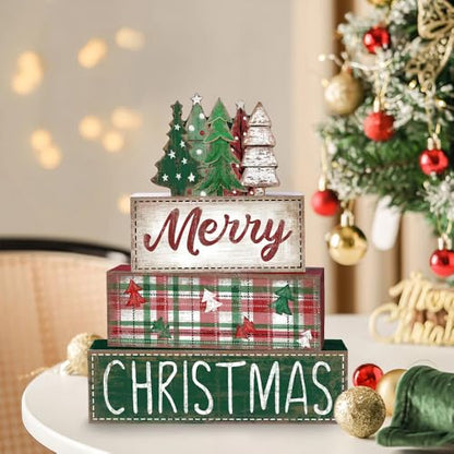 DIYDEC 4Pcs Christmas Table Decoration Green Tree Wooden Block Sign Christmas Tiered Tray Decor Winter Centerpiece Decorative Sign for Xmas Holiday Tabletop Coffee Fireplace Shelf Desk Party Decor - style: Green Tree