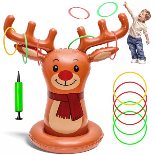 Christmas Reindeer Ring Toss Game for Kids, Inflatable Reindeer Antler Toss Party Games with Pump and Rings, Christmas Party Games for Family, Holiday Indoor Outdoor Fun Toys Xmas Decorations