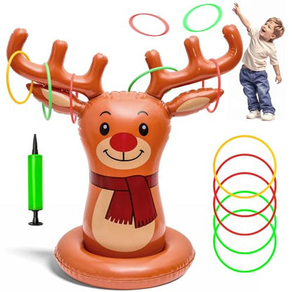 Christmas Reindeer Ring Toss Game for Kids, Inflatable Reindeer Antler Toss Party Games with Pump and Rings, Christmas Party Games for Family, Holiday Indoor Outdoor Fun Toys Xmas Decorations