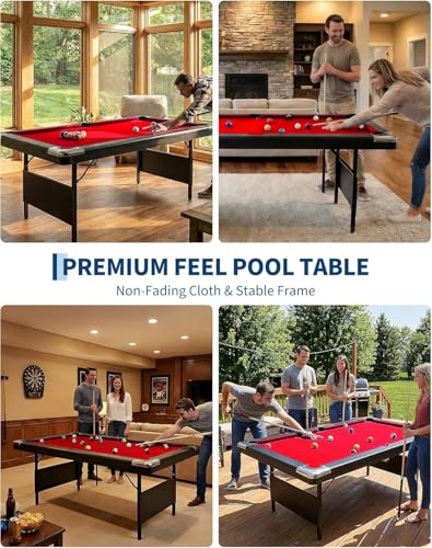 7 Foot Pool Table for Family, Foldable No Assembly Pool Table with Balls, Cues, Chalk, Rack & Brush, Portable Billiards Game Table for Apartment, Basement, Office & Game Room - size: Red-6FT