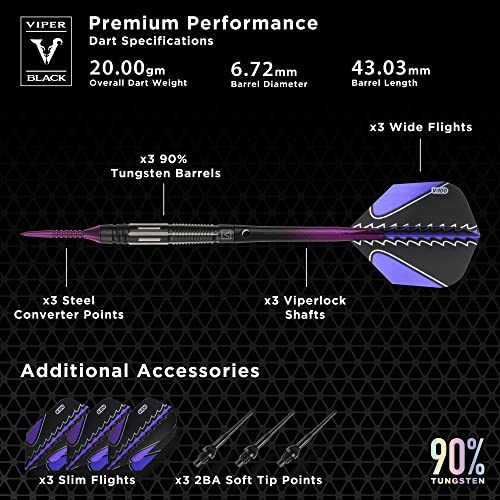 Viper Black Flux 90% Tungsten Conversion Darts, Professional Darts Steel Tip and Soft Tip Dart Set for Sisal and Electronic Dartboards, 20 Grams - color: Purple