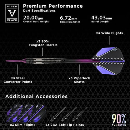 Viper Black Flux 90% Tungsten Conversion Darts, Professional Darts Steel Tip and Soft Tip Dart Set for Sisal and Electronic Dartboards, 20 Grams - color: Purple