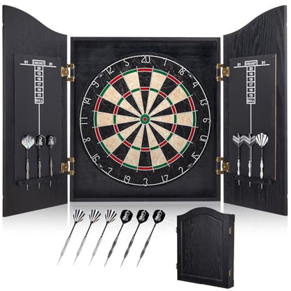 Sisal Dart Board Cabinet Sets, Decorative Dart Boards for Adults [6*Steel Darts] - Wooden Dartboard Cabinet with Integrated Scoreboard for Family Game Rooms - style: BLACK