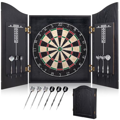 Sisal Dart Board Cabinet Sets, Decorative Dart Boards for Adults [6*Steel Darts] - Wooden Dartboard Cabinet with Integrated Scoreboard for Family Game Rooms - style: BLACK
