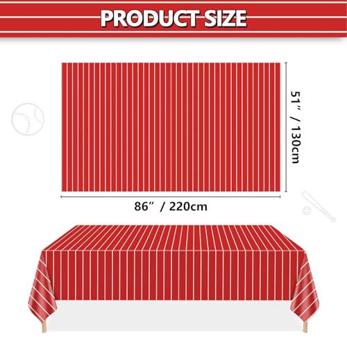 4 Pcs Plastic Baseball Tablecloths, Rectangle Red Stripe Table Cloth for Baseball Game Day Sports Theme Party Supplies, 51 x 86 Inches - color: White on Red