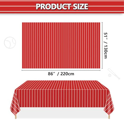 4 Pcs Plastic Baseball Tablecloths, Rectangle Red Stripe Table Cloth for Baseball Game Day Sports Theme Party Supplies, 51 x 86 Inches - color: White on Red