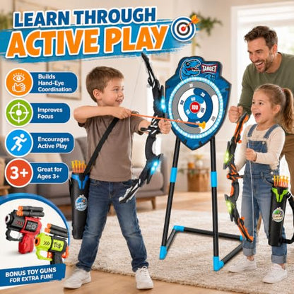 VROGTIK 2 Pack Kids LED Bow and Arrow Set with Standing Target, 20 Suction Cup Arrows, 2 Quivers & Foam Dart Toys, Indoor Outdoor Archery Toy Gift for Boys Girls Ages 3-12 - color: Blue/Green