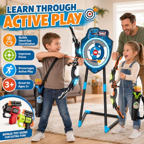 VROGTIK 2 Pack Kids LED Bow and Arrow Set with Standing Target, 20 Suction Cup Arrows, 2 Quivers & Foam Dart Toys, Indoor Outdoor Archery Toy Gift for Boys Girls Ages 3-12 - color: Blue/Green