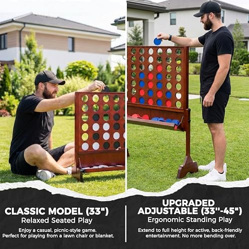 Height Adjustable (2.75-3.75 FT) Giant Wooden 4 in A Row Game | Foldable Tray, 2 Styles of Play: Wall Mounted or Set-up on Ground, Carrying Case, Detachable Legs - style: Premium (Adjustable 33"-45")