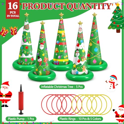 Capoda 16 Pcs Christmas Ring Toss Set, Inflatable Scoring Cones (10-50 Points) with 12 Toss Rings & Air Pump, Indoor Outdoor Holiday Party for, Family, Office, Backyard, Garden