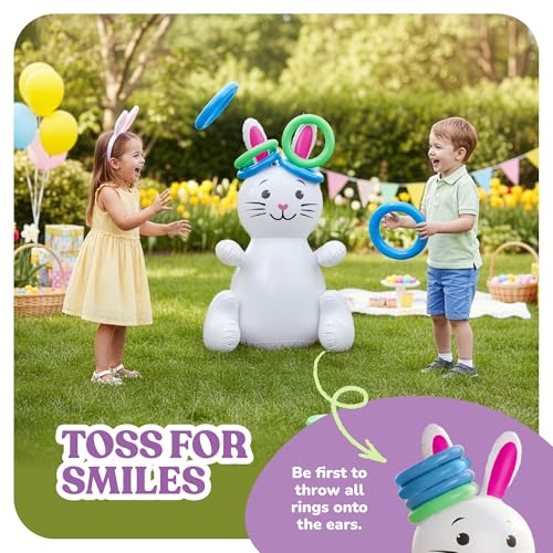 ArtCreativity 30" Easter Bunny Inflatable Ring Toss Game for Kids and Adults, 6 Rings, Weighted Bottom, Family Outdoor Party, White