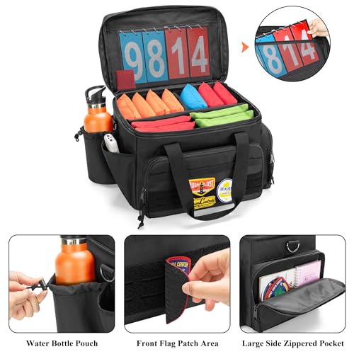 GOBUROS Cornhole Bag Holds Up to 14 Bean Bags, Professional Cornhole Carrying Bag with Detachable Divider, Molle Straps and Multiple Pockets for Essentials, Black