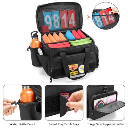GOBUROS Cornhole Bag Holds Up to 14 Bean Bags, Professional Cornhole Carrying Bag with Detachable Divider, Molle Straps and Multiple Pockets for Essentials, Black
