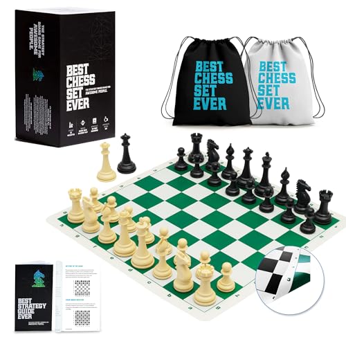 Best Chess Set Ever 4X Tournament XL Classic Chess Set with Weighted Staunton Pieces, 20x20 Double-Sided Silicone Board, Strategy Guide and Storage Bags for Adults & Kids - color: Classic, size: 4x Tournament
