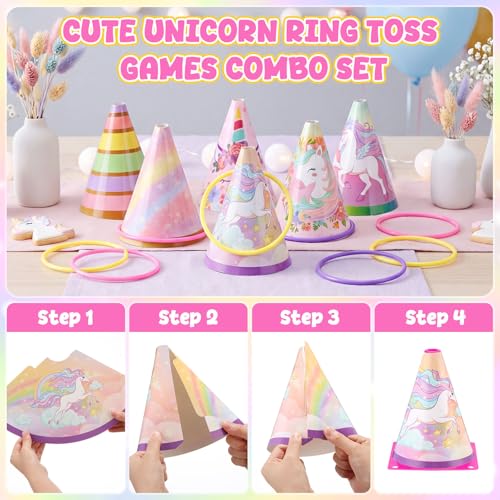 RoundFunny 12set 3 in 1 Ring Toss Game Set, Carnival Game Kit with Cones, Rings, Bean Bags & Storage Bag, Includes Unicorn Decorations for DIY Toss Games, Birthday Party, Easter, Carnival - style: Unicorn