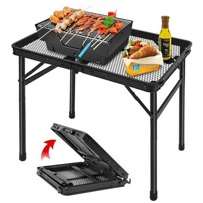 Folding Grill Table Camping Table with Mesh Desktop, Lightweight & Portable Outdoor Picnic Table, Height Adjustable Portable for Outside Inside Use - size: Regular Size