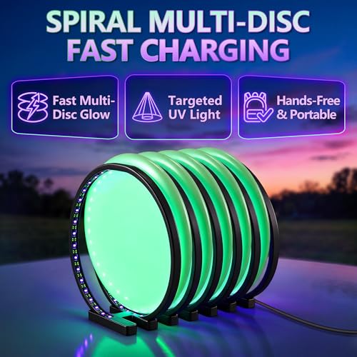 Spiral Disc Golf UV Charging Station, Fast Multi Disc Charging for Luminous Glow Discs, USB Powered Portable Night Play Accessory, Hands Free for Outdoor Practice & Tournaments