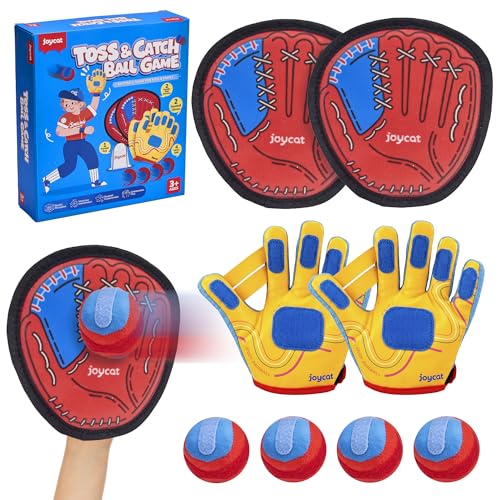 JoyCat Toss and Catch Ball Game with 2 Gloves for Kids & 2 Paddles for Adult or Kids, Outdoor Toys for Family Camping, Beach & Yard Games, Toddler Baseball Glove, Gifts for 3-12 Year Old
