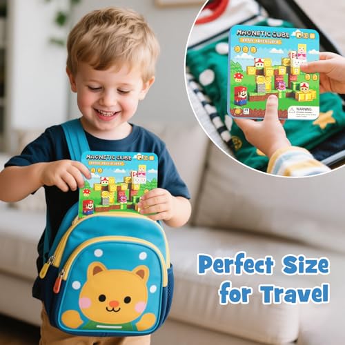 49PCS Mini Magnetic Tiles Travel Toys for Kids Ages 4-8, Magnetic Building Blocks Adventure Set with Portable Iron Storage Box & Play Base, STEM Learning Activities for Toddlers 3-5 - style: Game Magnetic Building Blocks Travel Set Toys - 49PCS