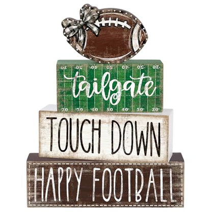 DIYDEC 4Pcs Football Table Decoration Happy Football Wooden Block Sign Fall Rugby Tiered Tray Decor Centerpiece Decorative Faux Book Stack for Holiday Tabletop Coffee Fireplace Shelf Desk Party Decor - style: Football