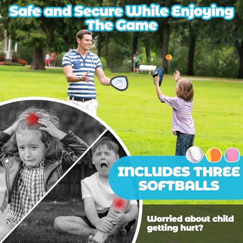 Toss and Catch Ball Set - 4 Glove Paddles & 4 Sticky Balls, Outdoor Velcro Ball and Catch Game for Lawn, Yard, Beach, and Park Play