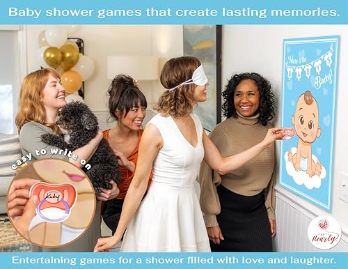 Party Hearty Pin the Pacifier on the Baby, Baby Shower Game - Blue Boy | 1 Large Poster, 56 Colorful Binky Stickers, 1 Blindfold & Double-Sided Tape - color: Boy Blue - Pin the Binky