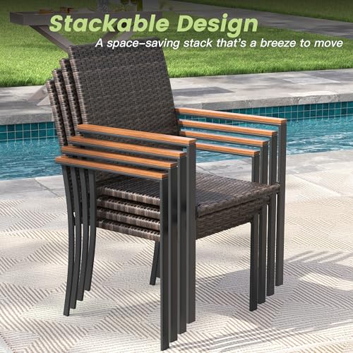 Patio Dining Set for 4, 37.8" Square Metal Table with Umbrella Hole and Stackable Wicker Patio Chairs, Outdoor Furniture Set for Deck Backyard Garden, Walnut Chairs, Black Table