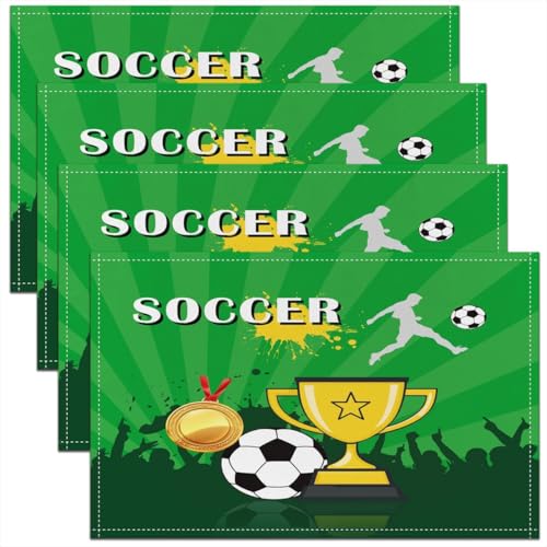 Castle Fairy Soccer Kids Placemats Set of 4,Outdoor Sport Lover Table Place Mats,Modern Sports Game Kitchen Decor,Golden Green Placemat Kitchen Table Decoration 12"x18" - color: Golden Green
