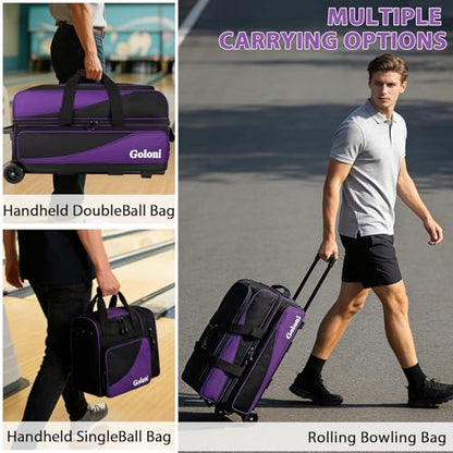 Goloni 3 Ball Bowling Bag with Wheels, Rolling Bowling Roller Bag with Retractable Handle for Balls & Bowling Accessories - color: 4 Ball-Purple