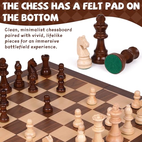 Large 17” Wooden Chess Set for Adults and Kids– Large Solid Folding Wood Chess Board with Hand-Carved Pieces, 3.25” King, 2 Extra Queens, Family Classic Strategy Board Game