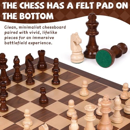 Large 17” Wooden Chess Set for Adults and Kids– Large Solid Folding Wood Chess Board with Hand-Carved Pieces, 3.25” King, 2 Extra Queens, Family Classic Strategy Board Game