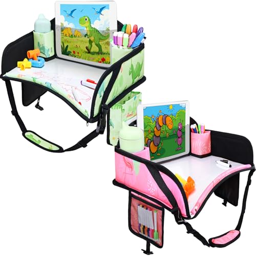 2PCS Kids Travel Tray, Car Seat Tray for kids Travel, Toddler Road Trip Essentials With Drawing Kit, Toddler Lap Desk Organizer for Car, Carseat Table for Airplane - color: Light Pink/Green-2PCS