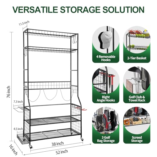 SmarketBuy Golf Bag Storage Organizer for Garage – 3 Golf Bags Rack with Wheels, Heavy Duty Steel Golf Equipment Storage Stand with Club Display Shelf & 4 Hooks, 300 lbs Capacity