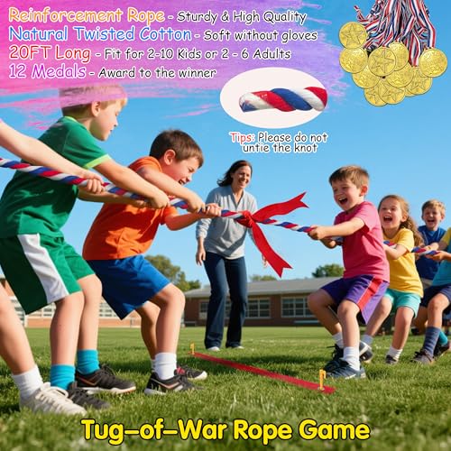 LINAYE Field Day Games for Kids Adults, Outdoor Activities Carnival Lawn Yard Family Reunion Survivor Games Tug of War Rope, Potato Sack Race Bags, Ring Toss, Throw and Catch Ball for Birthday Party