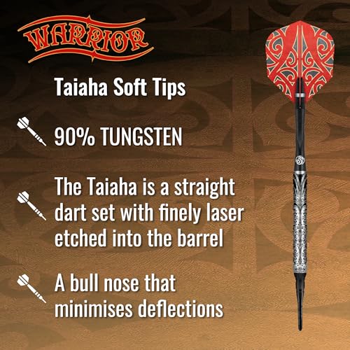 Shot! Darts Warrior Taiaha 90% Soft tip Tungsten Barrels, Balanced for Maximum Aerodynamics Handcrafted Professional Soft Tip Darts Set for Electronic Dartboard | Made in New Zealand