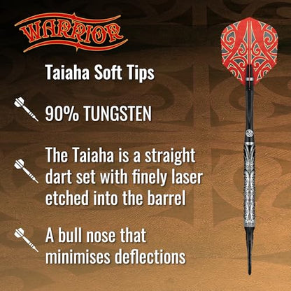 Shot! Darts Warrior Taiaha 90% Soft tip Tungsten Barrels, Balanced for Maximum Aerodynamics Handcrafted Professional Soft Tip Darts Set for Electronic Dartboard | Made in New Zealand