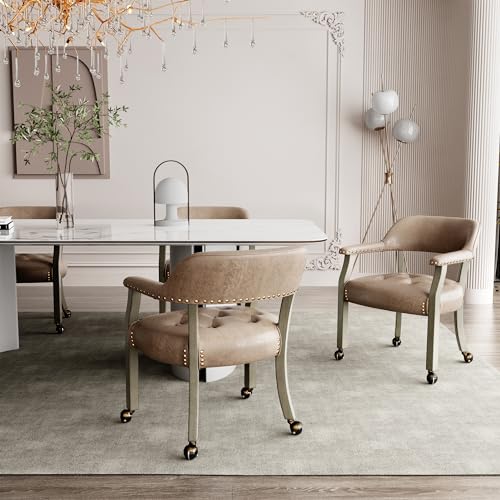 Set of 4 Dining Chair with Casters, Accent Captains Chairs with Wheels & Arms,Wheeled Roller Wood Chairs for Kitchen & Game Poker Table,Antique Grey&Light Wheat(NO Table!) - color: Antique Grey&light Wheat