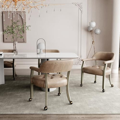 Set of 4 Dining Chair with Casters, Accent Captains Chairs with Wheels & Arms,Wheeled Roller Wood Chairs for Kitchen & Game Poker Table,Antique Grey&Light Wheat(NO Table!) - color: Antique Grey&light Wheat