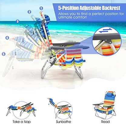 Tangkula Backpack Beach Chair with Table, 5-Position Lay Flat Beach Chairs with Cooler Bag, 2 Cup Holders, Towel Bar, Lightweight Low Folding Beach Chair with Backpack Straps - color: Yellow, style: 2 Pack with Table