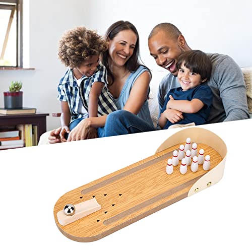 Mini Bowling Game Desktop Wood Set with Adjustable Launch Plate and Metal Ball for Office Stress Relief and Kids Entertainment