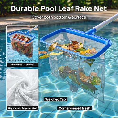 Consciot 3-in-1 Pool Cleaning Kit Includes Leaf Rake Net, Wall Brush & Pole | Daily swimming pool maintenance set; For aboveground & in-ground Pool, SPA, pond, fountain; Easy to store; Durable frame - size: 3PCS
