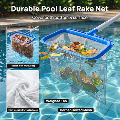 Consciot 3-in-1 Pool Cleaning Kit Includes Leaf Rake Net, Wall Brush & Pole | Daily swimming pool maintenance set; For aboveground & in-ground Pool, SPA, pond, fountain; Easy to store; Durable frame - size: 3PCS