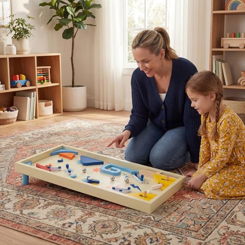 GLACER Wooden Tabletop Pinball Game, Rotating Scoring Track Shooting Toy with 3 Balls, Marble Game for Kids Aged 8+ and Adults, Pinball Toy Desk or Family Party & Shooting Game