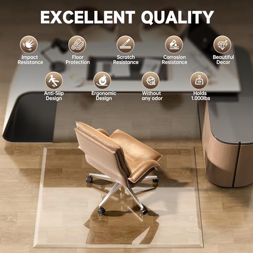 [Tempered Glass] 59“ x 47” Beveled Edge Glass Chair Mat with Polished Edge Clear Office Chair Mat, Glides Smoothly, Suitable for Carpet or Hardwood Floors - size: 59“x47”